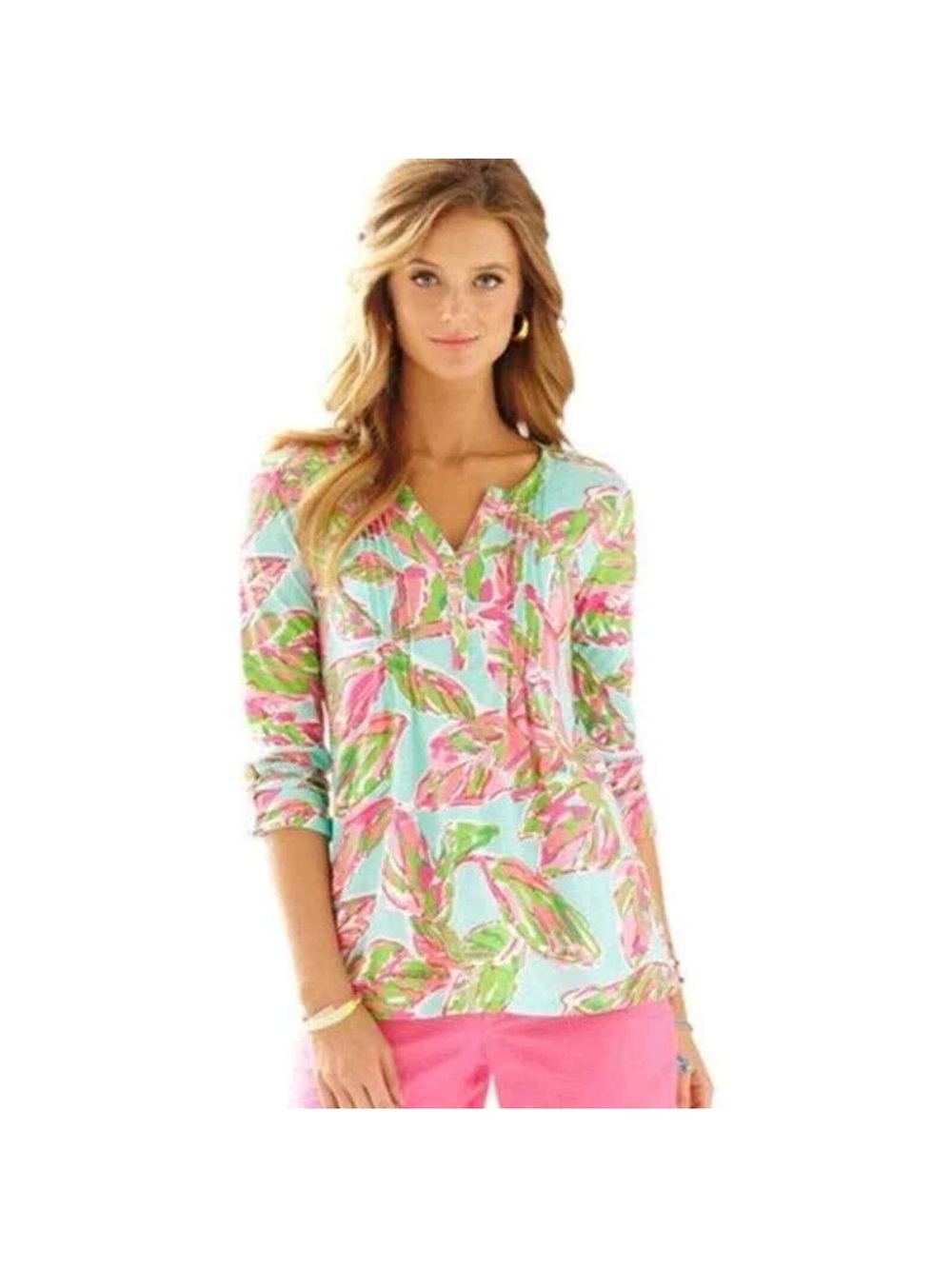 Lilly Pulitzer "Dorothy" Pintuck Henley Tunic Top 100% Pima cotton Size L